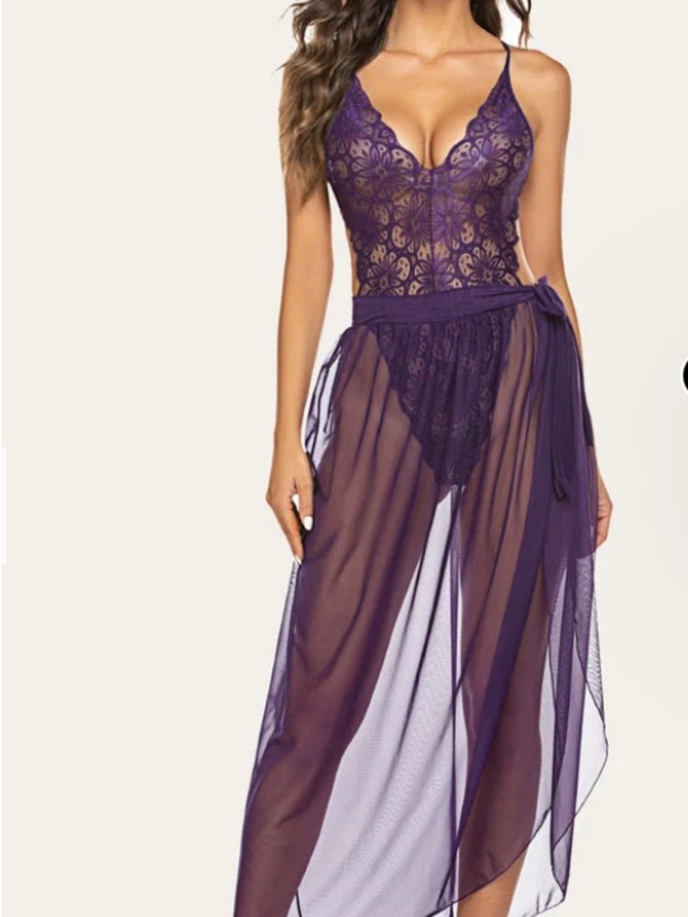 Sheer Lace & Mesh Maxi Chemise in Deep Purple